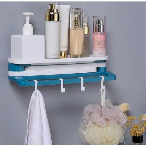 Self-adhesive Towel Holder Rack Punch-free Bathroom Shampoo Sundries Storage Racks With Hooks Home Kitchen Refrigerator Shelf