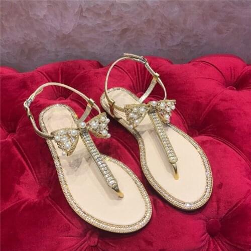 Clip Toe Sandalias Mujer 2020 Bow Flat Sandals Women Summer Beach Shoes Women Rhinestone Sandalia Feminina Zapatos De Mujer