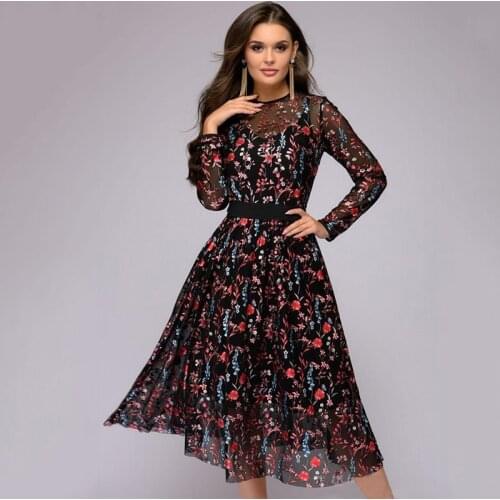 Sexy Women Autumn Floral Print Knee-Length Dress Sheer Mesh Vintage Boho Dresses See-through Black Elegant Vestidos