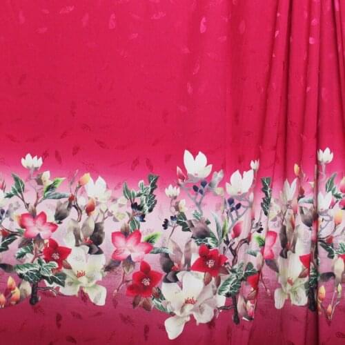 White waxberry 21momme Red Flowers Printed Jacquard Satin Silk Fabric 100%Silk Material Women Dress Sewing Cloth Freeshipping