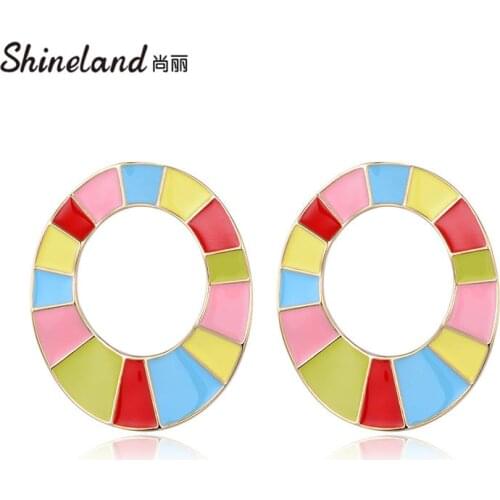 Shineland Enamel Candy Color Geometric Stud Earrings Metal Big Hollow Colorful Brincos For Women Girl Gift Hot Sale Jewelry