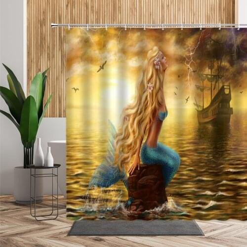 Fairy Tale Sea Scenery Shower Curtain Bath Set Beauty Mermaid Modern Fabric Printing With Hook Bathroom Curtains Home Decoration