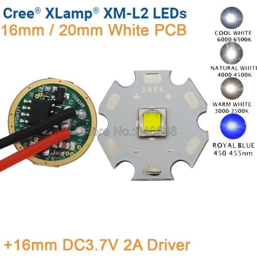 Cree XML2 XM-L2 T6 Cold White Neutral White Warm White 10W High Power LED Emitter 16mm White PCB +16mm DC3.7V 2A Driver 5 Mode