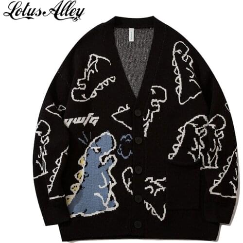 Harajuku Dinosaur Pattern Black Cardigan Sweater Men Vintage Oversized Cartoon Kawaii Couple Coats Autumn Winter Loose Sweater