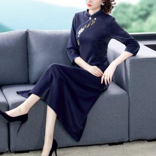 Navy Blue Floral Embroidery feast Dress Vestidos Spring Autumn Vintage 3XL Plus Size Elegant Bodycon Midi Feast Party Dresses