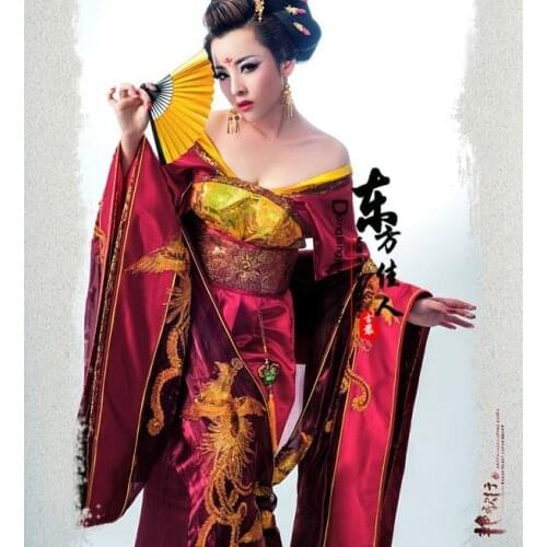 Yangexing Ancient Chinese Tang Dynasty Luxury Hanfu with Long Tail Applique Glitter Phoenix Female Cosstume Red Wedding Dress