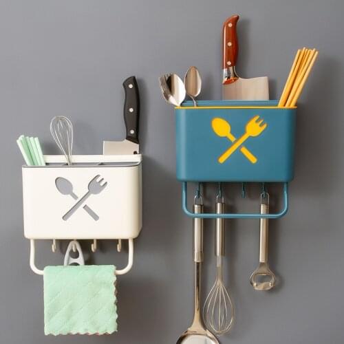 Wall-Mounted Drain Tool Rack Kitchen Tableware Spoons Hold Box with Knife Rack Towel Rack Pantry Organizer Kitchen Supplies