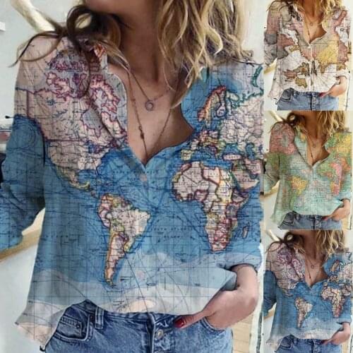 New Linen map printing Long Sleeves Tops Fashion Womens Loose Buttons Printing Lapel Long Sleeves T-shirts Tops