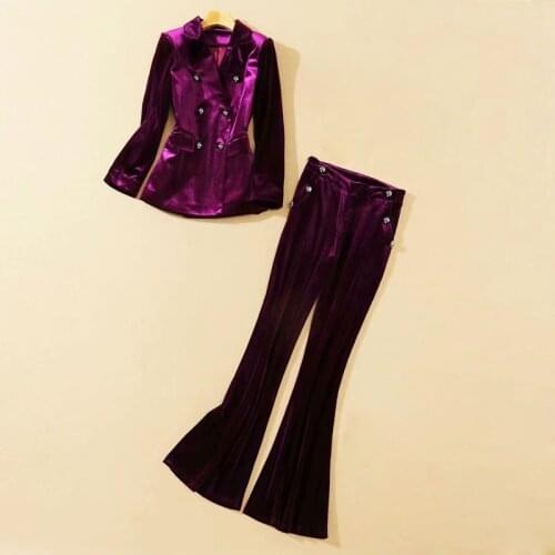 2021 New Fashion Winter Runway Womens Turn-Down Collar Long Sleeve Double Breasted Blazer Long Pants Purple Velvet Suit Set