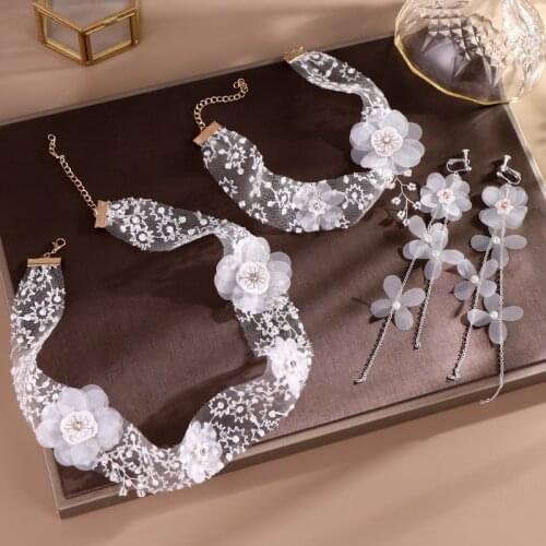 FORSEVEN White Yarn Flower Lace Tiaras Necklace Earrings Set Women Headpiece Choker Bridal Jewelry Sets Wedding Accessories JL