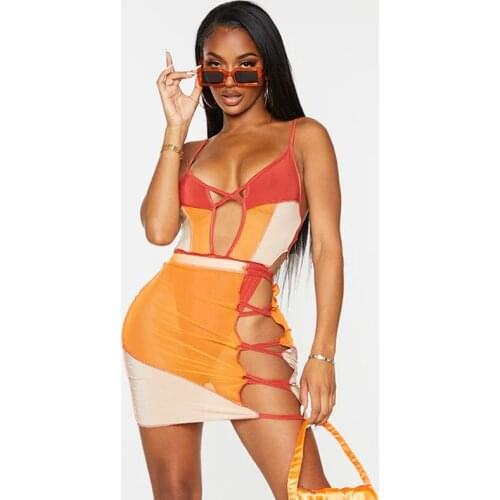 2 Pcs Women Skirts Sets Mesh See Through Color Block Outfits Adults Sexy Hollow-out V-neck Spaghetti Strap Bodysuit Mini Skirt