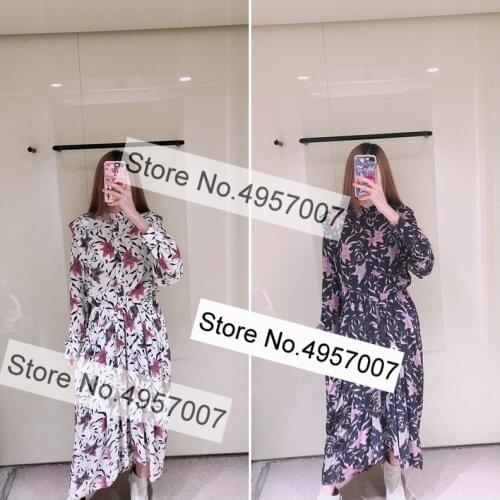 Women 100% Viscose Long Sleeve Gathering Elastic Waist Floral Printing Asymmetric Long Dress