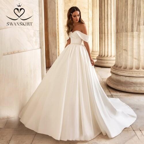 Vestido De Noiva Simple Sweetheart Satin Wedding Dress Off Shoulder Bridal Gown Fashion Crystal Belt Princess SwanSarah UZ28