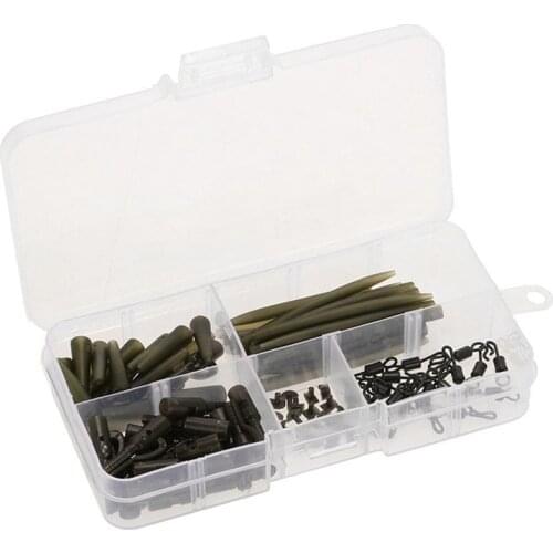 100Pcs Carp Fishing Accessories Kit Anti Tangle Sleeves Tail Rubbers Safety Lead Clips Quick Change Swivels with Box