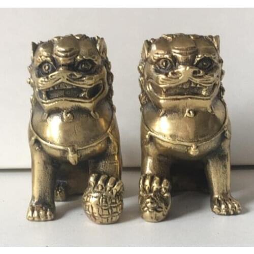7.5 cm Lucky Chinese Brass Fengshui Spirit Door Guardion Foo Fu Dog Lion Statue Pair