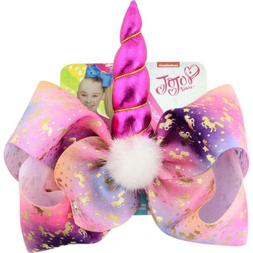 8'' Jojo Siwa Hair Bow with Unicorn Horn Glitter Merimaid Hair Clip for Girls Boutique Pompom Hairpin Party Hair Accessories