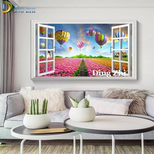 DIY 5D Diamond Painting Window Hot Air Balloon Flowers Scenery Home Decor Cross Stitch Mosaic Embroidery Full Square Round Drill