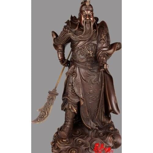 Free shipping 18 Chinese Bronze Copper Dragon Finger Guan Gong Yu Budda God Hold Sword Statue