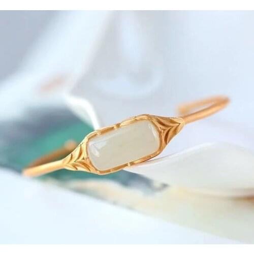 Natural Hetian Jade Green Jade Bracelet Inlaid S925 Sterling Silver Geometric Surface Bamboo Opening Adjustable Simple Bracelet