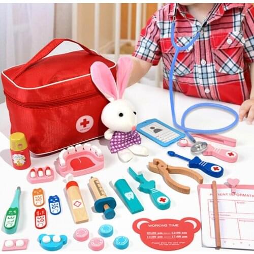 Girl Play House Simulation Doctor Injection Toy Gift Childrens Wooden Simulation Bag Medicine Box Childrens Playset D5QA