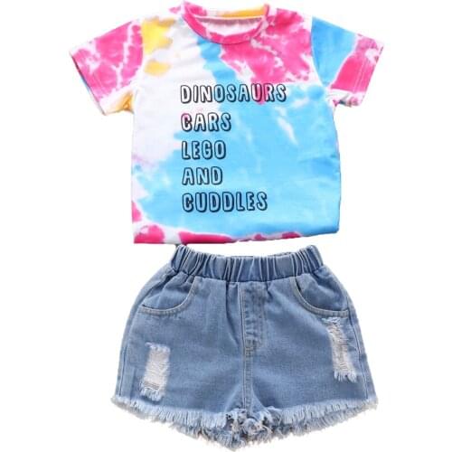 Citgeett Summer Kids Girls Outfit Tie Dye Letter Printing Short Sleeve Top + Ripped Denim Shorts Clothes Set