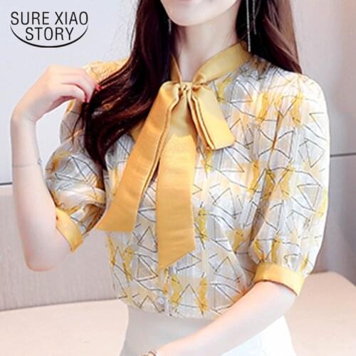 2020 Summer New Loose Fit Bow Collar Short Sleeve Tops Bow Tie Elegant Printed Chiffon Blouse Women Sweet Puff Sleeve Shirt 9547