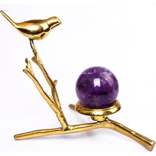 Natural Amethyst Ball Copper Birdie Stand Quartz Crystal Sphere Wicca Healing Crystal Stone Ball Fengshui Home Decoration Crafts