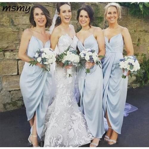Cheap Sky Blue Bridesmaid Dress Spaghetti Straps Split Long Garden Formal Wedding Party Guest Maid of Honor Gown Plus Size