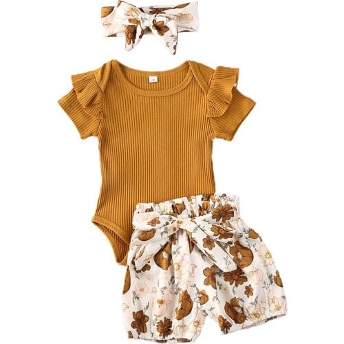New Infant Baby Girl Clothes Sets Ruffles Short Sleeve Romper Tops Floral Shorts Pants Outfit Baby Clothing