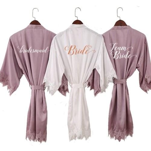 New sexy bride lace robe mauve satin short Lace bridesmaid shower bathrobe gift wedding party dressing team sister kimono robes