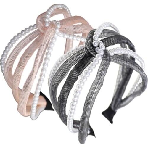 Korean Handmade Pearl Fabric Hair Hoop 2020 Fashion Lace Headband Girls Mesh Gauze Hairband Ladies Hair Accessories