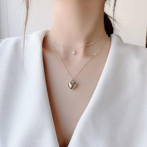 Korean Simple Imitation Pearl Metal Love Heart Necklaces Pendant Fashion Double Layer Gold Color Thin Necklaces For Women bijoux