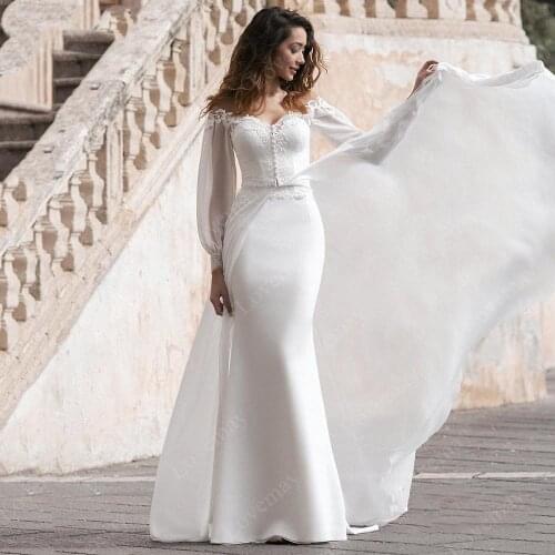 Beach Mermaid Wedding Dresses 2021 Chiffon Long Sleeves Lace Appliques Boho Bridal Gowns Vestidos De Novia Bride Dress