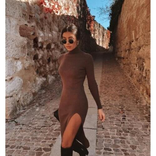 High Neck Knitting Midi Dresses Women Long Sleeves Turtleneck Tight High Waist High Slit Dress Elastic Commuting Elegant Dress