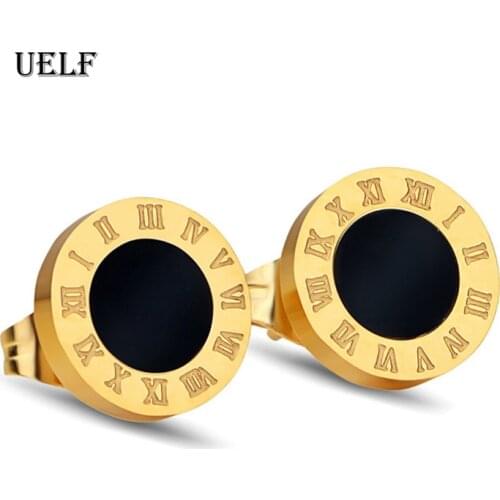 Uelf 2019 Fashion Roman Digital Titanium Steel Stud Earrings for Women Stainless Steel Round Earring Trend Jewelry