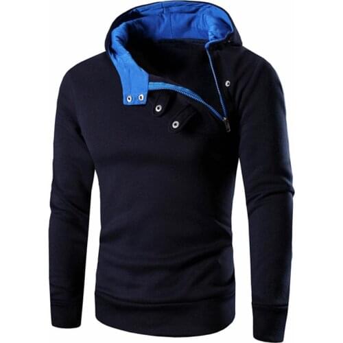 Sports Men Oblique Zipper Buttons Color Block Hoodies Slim Fit Hooded Sweatshirt new