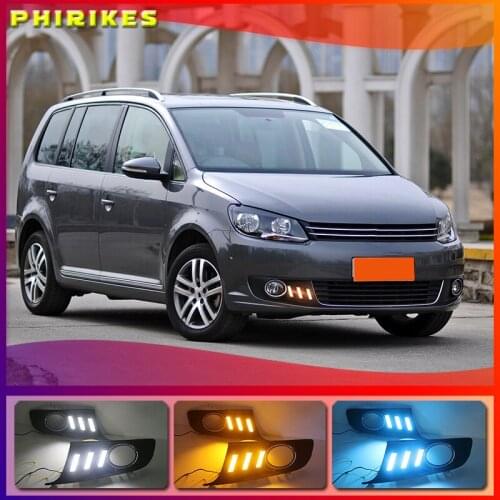 LED DRL daytime running light for Volkswagen vw Touran 2011-2015 with Dynamic moving yellow turn signal and blue night light
