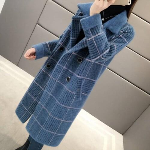 Faux Mink trench coat women Flocking Knitted Trench medium length 2019 new autumn winter thick Slim Plus Size plaid coats Mw860