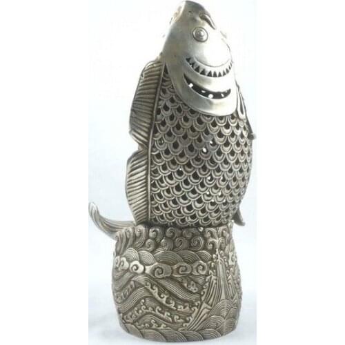 YM 308 China Tibet silver lifelike fish figure incense censer