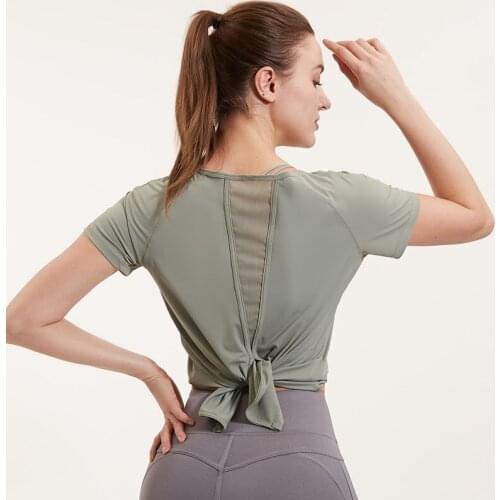 Vansydical Back Tie Cool Yoga Athletic Running T-shirt Women Mesh Short-sleeved Shirts Plain Sport Fitness Workout Tops Tee