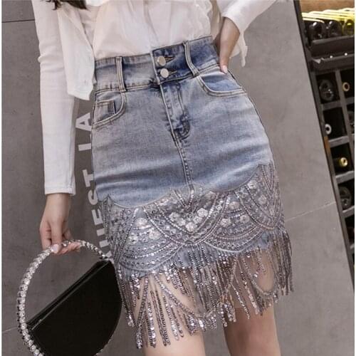 2020 Summer Rhinestone Heavy Tassels Nail Diamond Beads High Waist Light Blue Denim Shorts Women Streetwear Denim Shorts