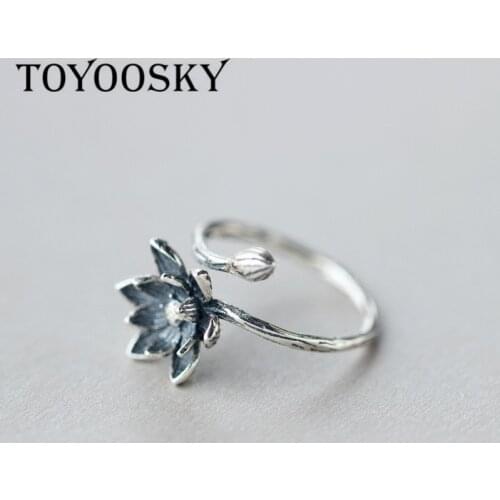 2019 NEW Lotus Flower 925 Thai Silver Open Rings For Women Retro Style Lady Prevent Allergy Sterling-silver-jewelry