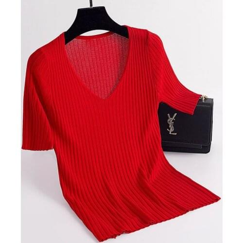Women Spring Summer Style Knitted Sweater Pullovers Lady Casual Striped Printed V-Neck Short Sleeve Pullovers Tops ZZ0005