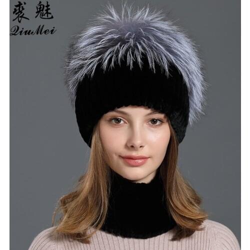 Women Winter Set Of Neck Ring Scarf And Beanies Fur Genuine Rex Rabbit Female Hats Knitted Elastic Thick Lined Scarves Set 2pcs