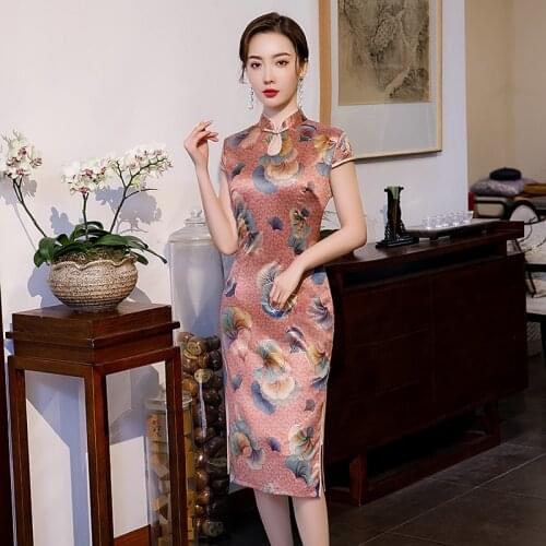 2020 Spring And Summer New Simulation Silk Cheongsam Long Short-Sleeved Improved Temperament Dress Classic Modern Qipao Платья