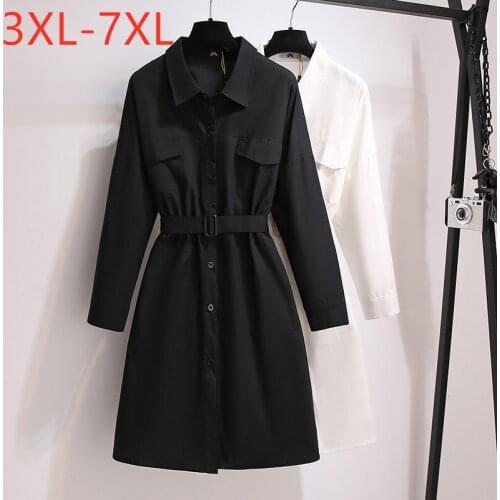 New Ladies Autumn Winter Plus Size Shirt Dress For Women Large Long Sleeve Loose Cotton Black Belt Dress 3XL 4XL 5XL 6XL 7XL