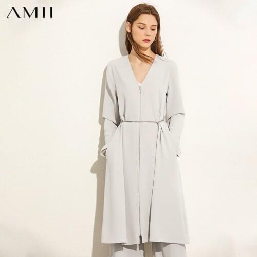 AMII Minimalism Autumn Set Women Aline Vneck Dress Solid Loose Zipper Women Coat High Waist Wide Leg Female Pants 12040335