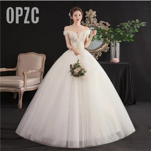 OPZC Floral Print Sexy Boat Neck Off shoulder Wedding Dress 2020 Vestidos de Novia Vintage Ball Gown Lace up Chinese Bride Dress
