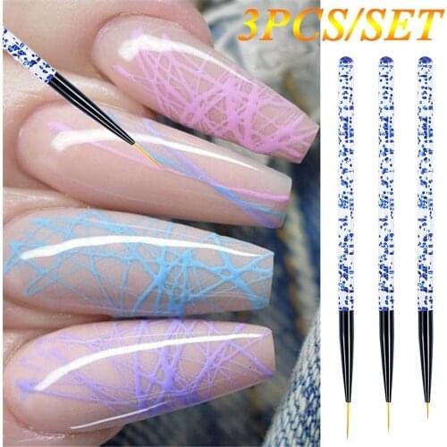 3Pcs/set Kolinsky Nail Brush Crystal Acrylic Thin Liner Drawing Pen Painting Stripes Flower Blue Purple Nail Art Manicure Tools