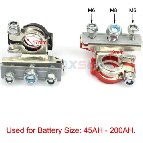 FOXSUR Car Automotive Battery Connector Top-Post Battery Cable Terminal with M6 M8 Screw Positive Negative Clamp Connector 1 set